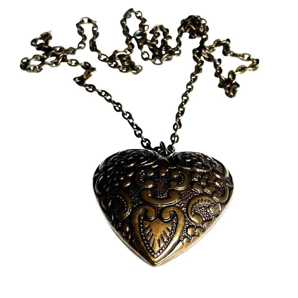 Puffy heart pendant necklace antiqued golden bronze color dimensional details